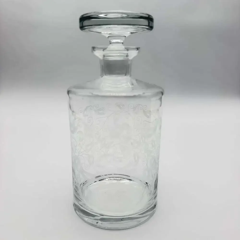 Vintage Clear Glass Etched Decanter with Stopper Leaf Vine 7.5 Inch